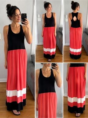 Women’s Colorblock Maxi Dress - Black and Coral with White Trim